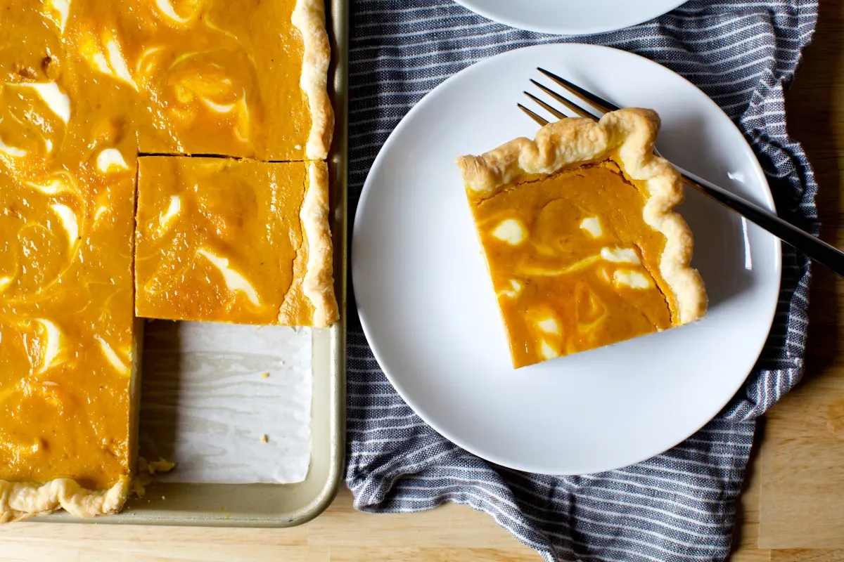 cheesecake-marbled pumpkin slab pie