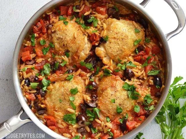 One Pot Chicken with Orzo and Olives