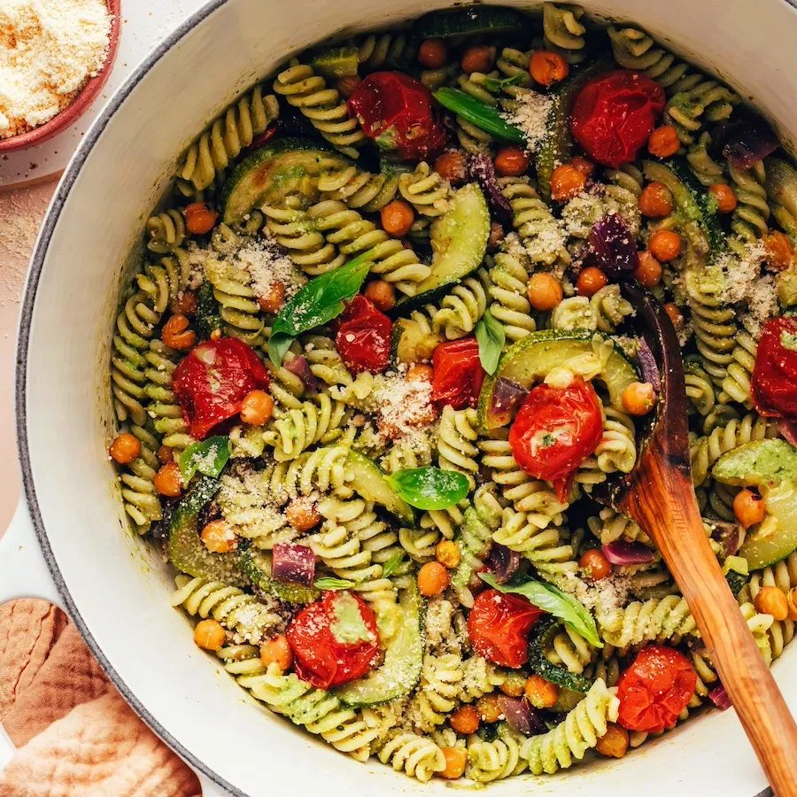 Zucchini Pesto Pasta with Roasted Tomatoes & Chickpeas