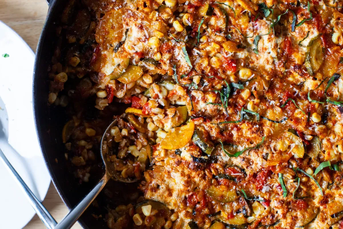 baked farro with summer vegetables