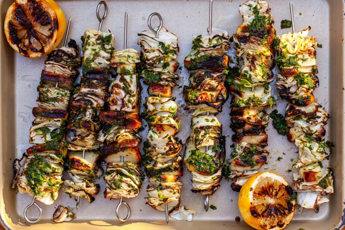 cabbage and halloumi skewers