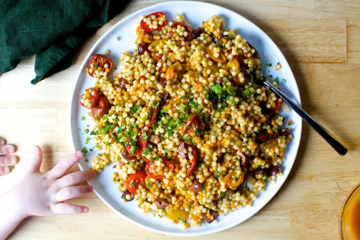 pearl couscous with olives and roasted tomatoes