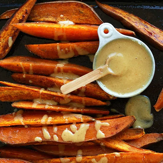 Sweet Potato Wedges with No-Honey Mustard Sauce