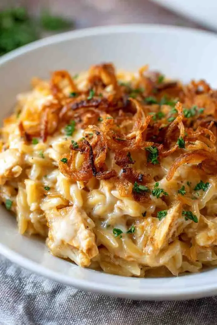 French Onion Chicken Orzo Casserole