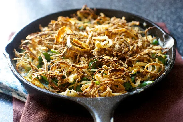 green bean casserole with crispy onions