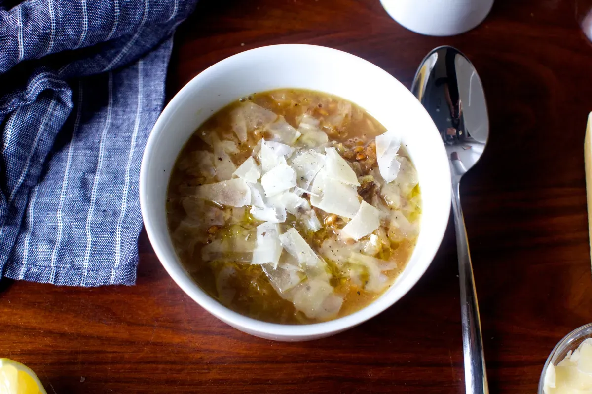 cozy cabbage and farro soup