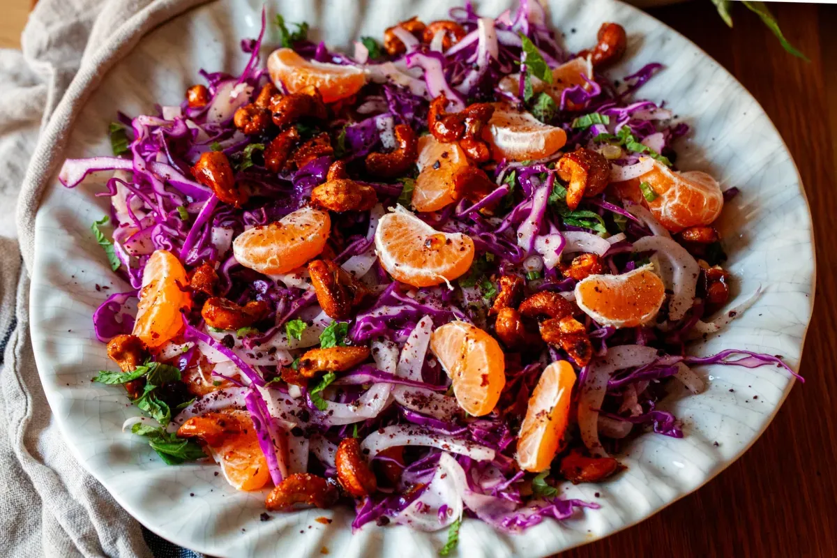 winter cabbage salad with mandarins and cashews